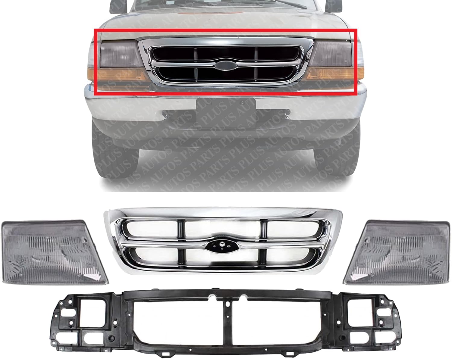 Front Grille Chrome Shell & Gray Insert + Header Panel Thermoplastic And Fiberglass + Headlight Left & Right Side Direct Replacement Compatible With 1998-2000 Ford Ranger FO1200341