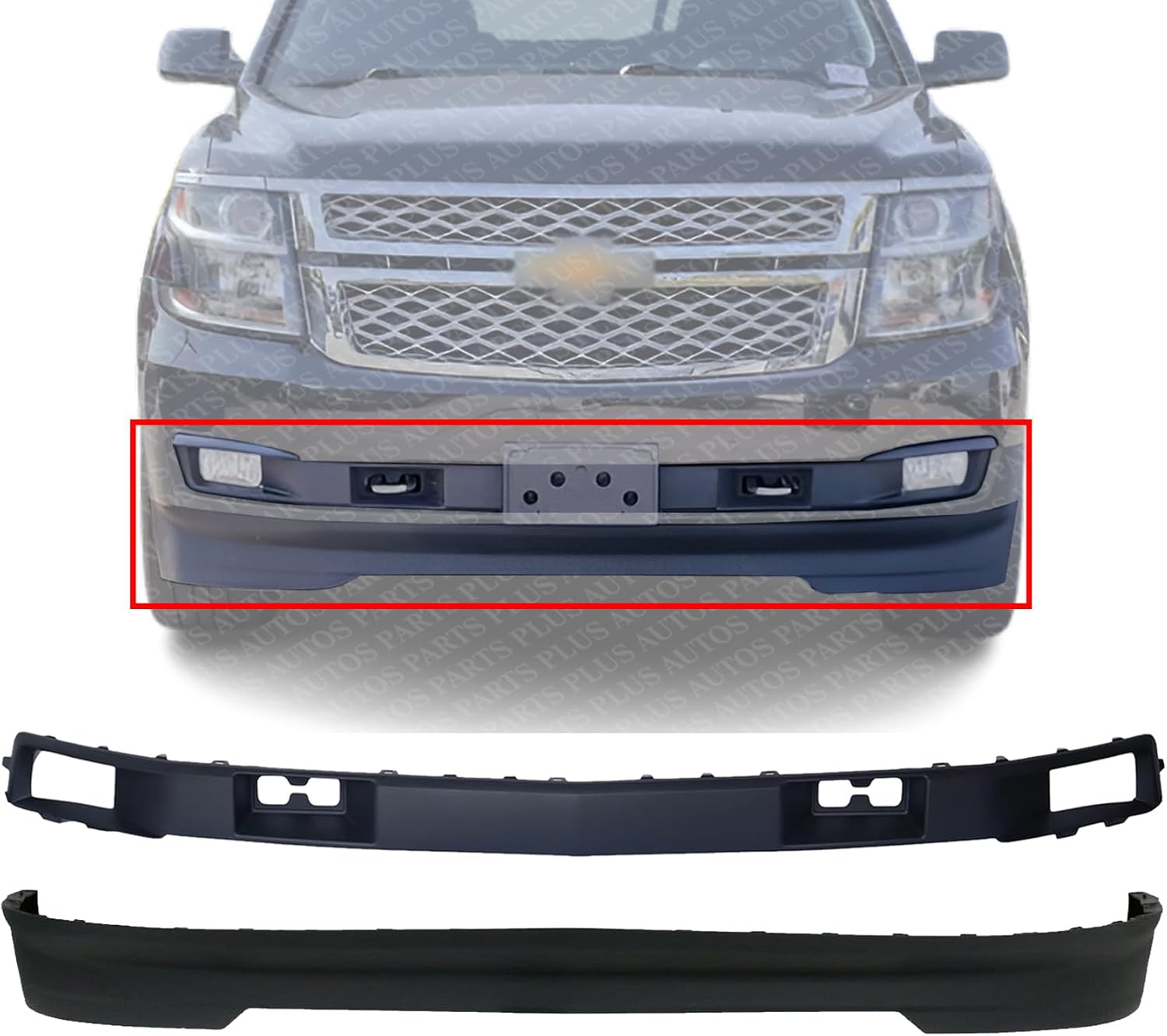 Front Bumper Molding With Tow Hook Holes + Lower Valance Air Deflector Textured Direct Replacement Compatible With 2015-2020 Chevrolet Suburban/Tahoe GM1044136 GM1095201 22936501