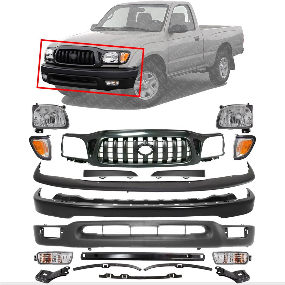 Front Bumper + Grille + Upper + Valance + Reinforcement + Brackets + Headlight + Fillers + Signal & Corner Lamp LH & RH Side Direct Replacement Compatible With 2001-2004 Tacoma 2WD