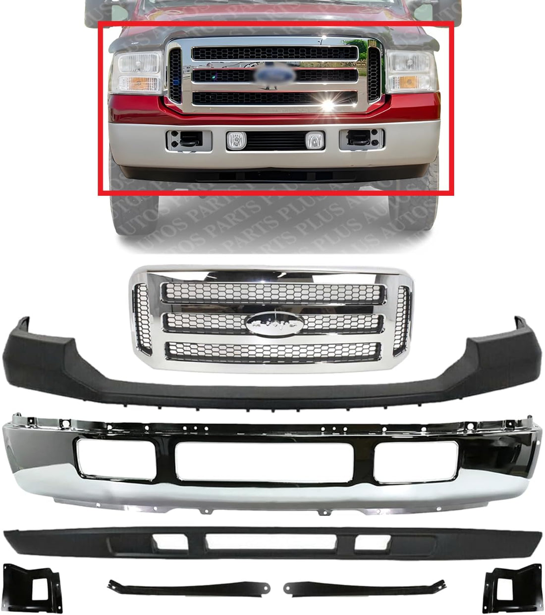 AUTOS PARTS PLUS Front Bumper + Grille Chrome + Upper Cover + Lower Valance Textured + Mounting Brackets Right & Left Side Direct Replacement for 2005-2007 Ford F-250 F-350 F-450 F-550 Super Duty