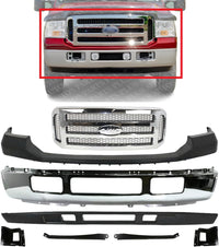 AUTOS PARTS PLUS Front Bumper + Grille Chrome + Upper Cover + Lower Valance Textured + Mounting Brackets Right & Left Side Direct Replacement for 2005-2007 Ford F-250 F-350 F-450 F-550 Super Duty