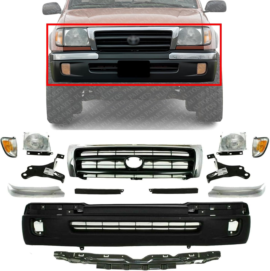 Front Bumper Cover + Reinforcement + Grille + Headlight Filler + Brackets + End Trims + Corner & Head Lights LH And RH Side Direct Replacement Compatible With 1998-2000 Toyota Tacoma