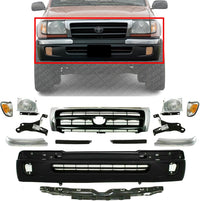 Front Bumper Cover + Reinforcement + Grille + Headlight Filler + Brackets + End Trims + Corner & Head Lights LH And RH Side Direct Replacement Compatible With 1998-2000 Toyota Tacoma