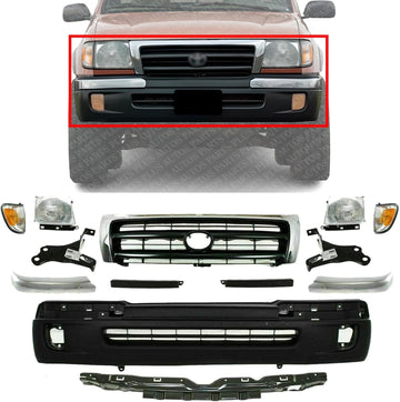 Front Bumper Cover + Reinforcement + Grille + Headlight Filler + Brackets + End Trims + Corner & Head Lights LH And RH Side Direct Replacement Compatible With 1998-2000 Toyota Tacoma