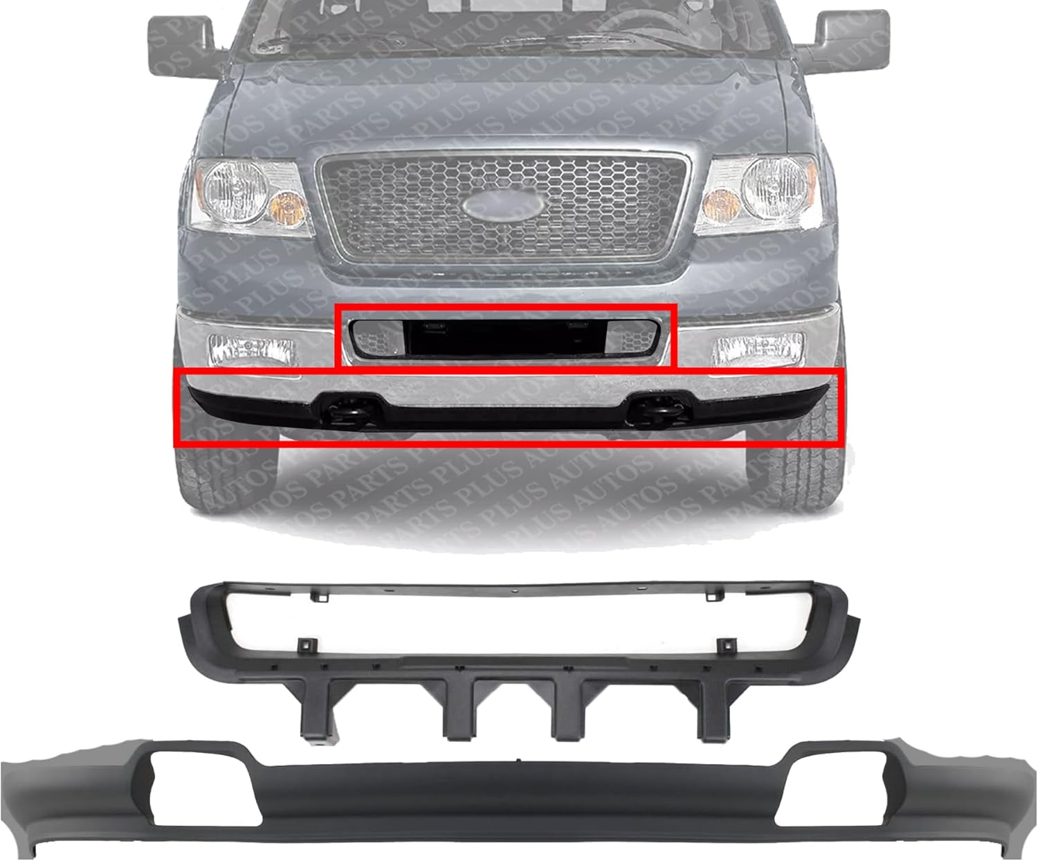 Front Grille Molding Textured + Lower Valance Air Dam Deflector Primed Direct Replacement Compatible With 2004-2005 Ford F-150 FO1036109 FO1095206 5L3Z17B968AA 4L3Z17626BAB