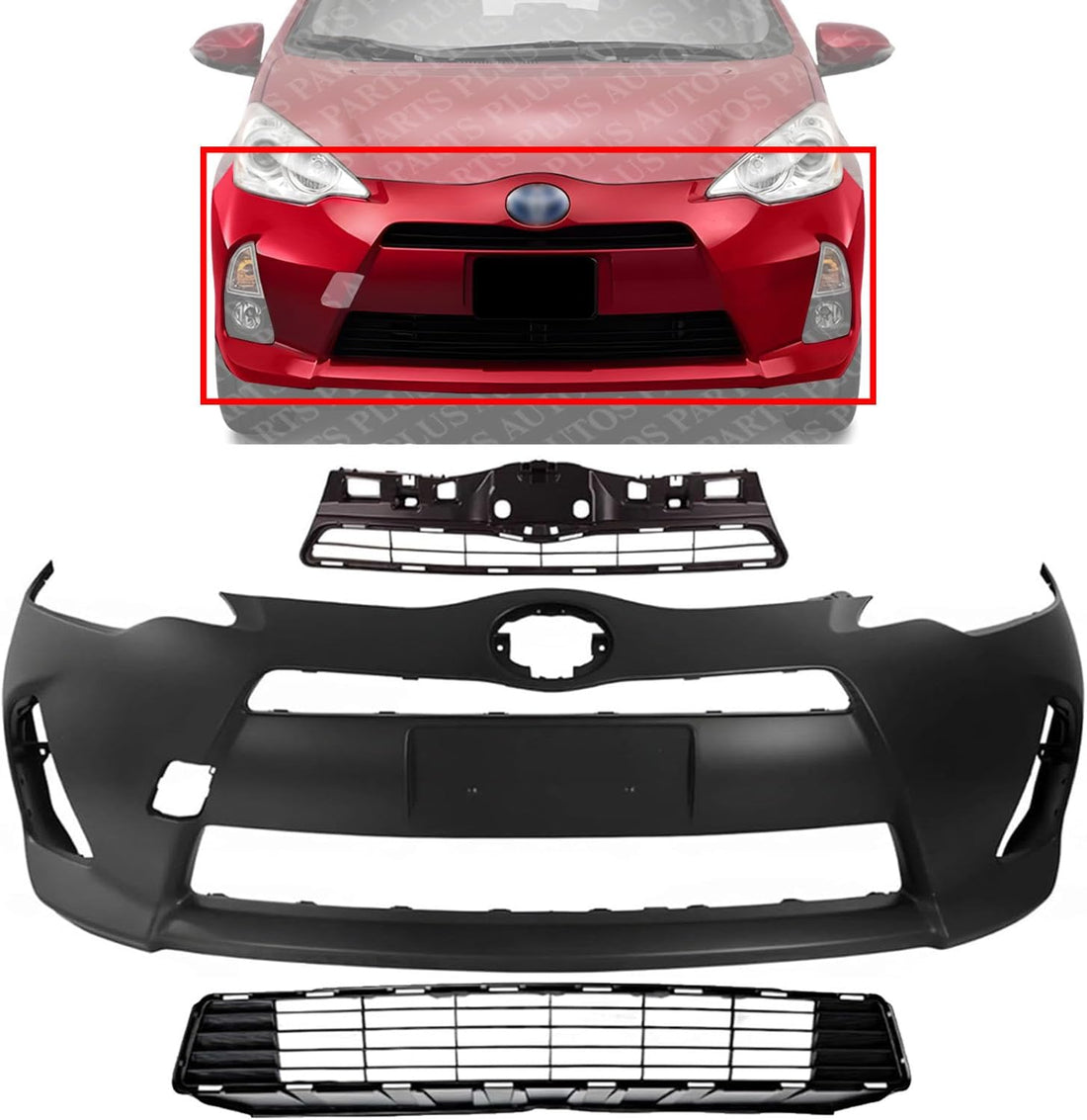 Front Bumper Cover Primed Plastic + Upper & Lower Grille Direct Replacement Compatible With 2012-2014 Toyota Prius C