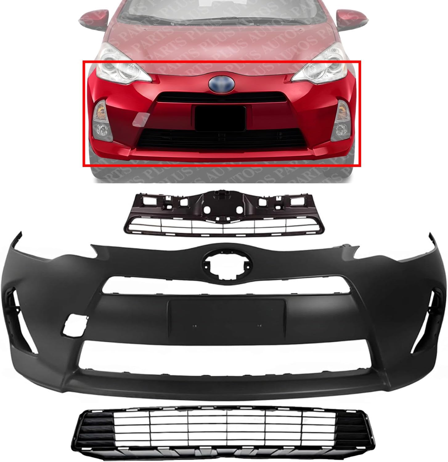 Front Bumper Cover Primed Plastic + Upper & Lower Grille Direct Replacement Compatible With 2012-2014 Toyota Prius C