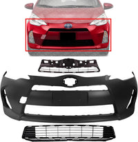 Front Bumper Cover Primed Plastic + Upper & Lower Grille Direct Replacement Compatible With 2012-2014 Toyota Prius C