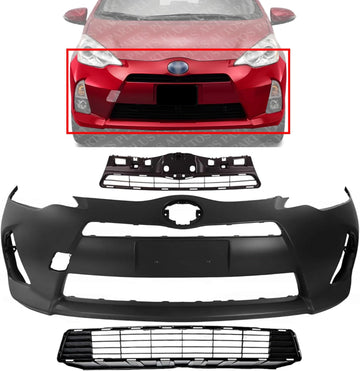 Front Bumper Cover Primed Plastic + Upper & Lower Grille Direct Replacement Compatible With 2012-2014 Toyota Prius C