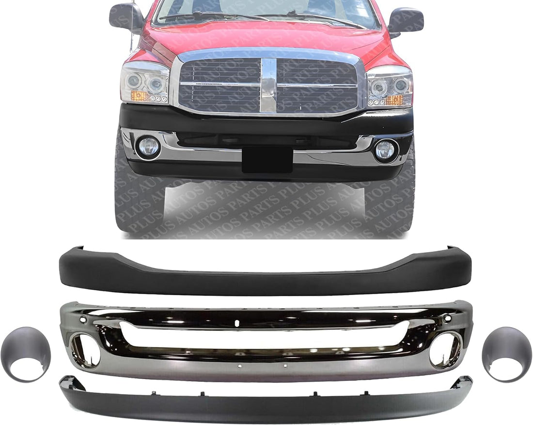 Front Bumper Face Bar Chrome + Upper Cover Textured + Lower Valance + Fog Light Bezels Left & Right Side Direct Replacement Compatible With 2006-2009 Dodge Ram Full Size Pickup