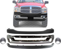 Front Bumper Face Bar Chrome + Upper Cover Textured + Lower Valance + Fog Light Bezels Left & Right Side Direct Replacement Compatible With 2006-2009 Dodge Ram Full Size Pickup