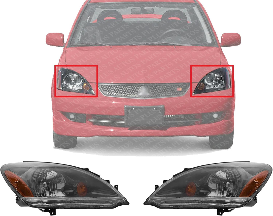 Set Of 2 Front Head Light Assembly Plastic Left Driver & Right Passenger Side Direct Replacement Compatible With 2004-2007 Mitsubishi Lancer MI2503135 MI2502135 MN154899 MN154900