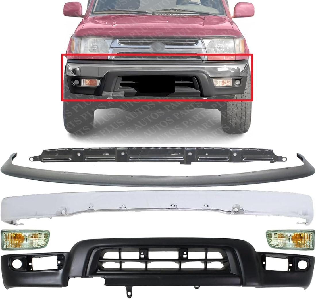 AUTOS PARTS PLUS Front Bumper Face Bar Chrome + Lower Valance Primed + Filler + Retainer Support + Signal Lights Right & Left Side Direct Replacement Compatible With 1999-2002 Toyota 4Runner