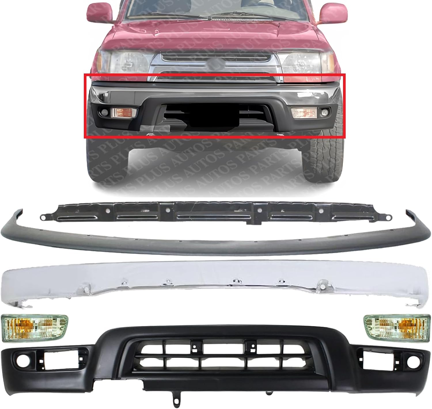 AUTOS PARTS PLUS Front Bumper Face Bar Chrome + Lower Valance Primed + Filler + Retainer Support + Signal Lights Right & Left Side Direct Replacement Compatible With 1999-2002 Toyota 4Runner