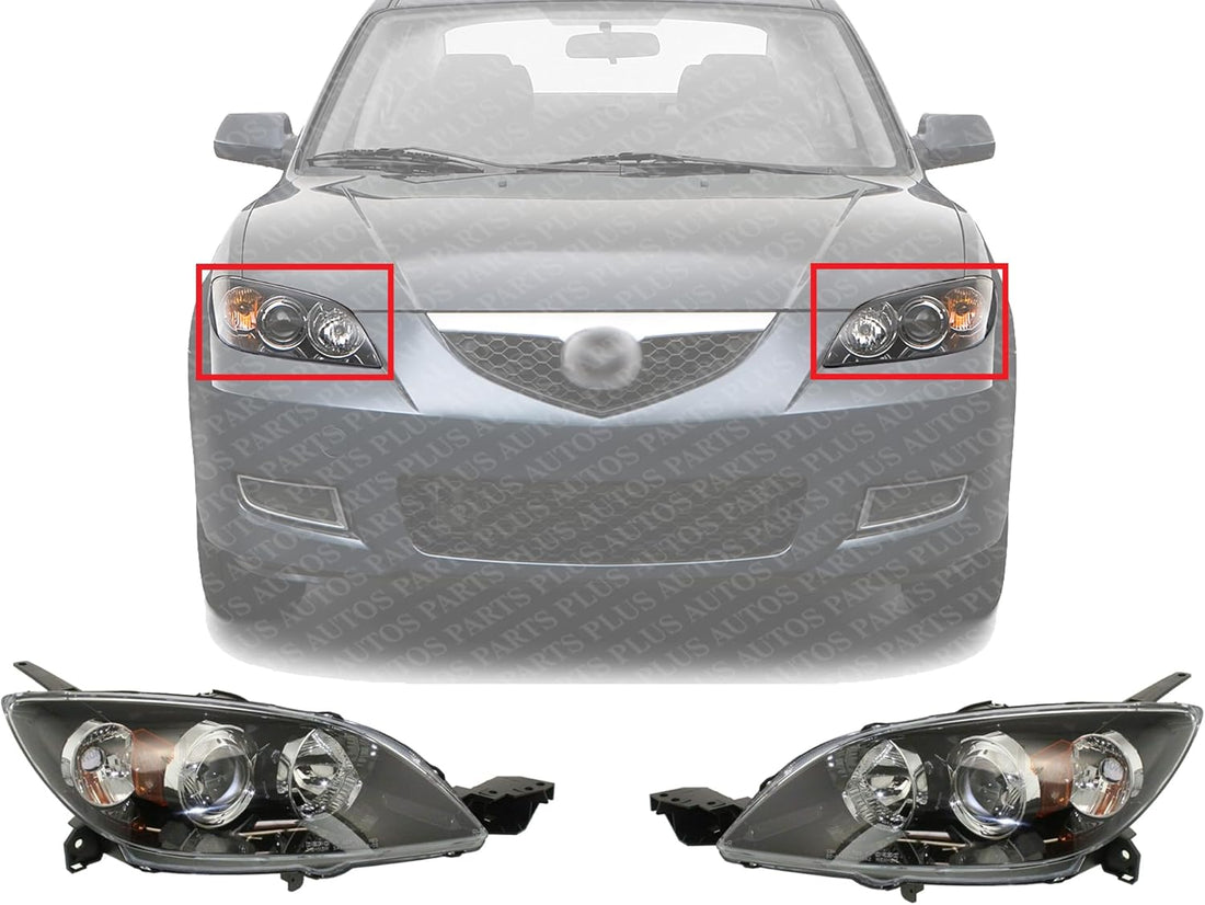 Set Of 2 Front Head Light Lens And Housing Halogen Right Passenger & Left Driver Side Direct Replacement Compatible With 2004-2009 Mazda 3 MA2518107 MA2519107 BN8F510L0E BN8F510K0E
