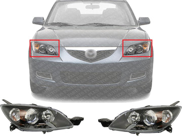 Set Of 2 Front Head Light Lens And Housing Halogen Right Passenger & Left Driver Side Direct Replacement Compatible With 2004-2009 Mazda 3 MA2518107 MA2519107 BN8F510L0E BN8F510K0E