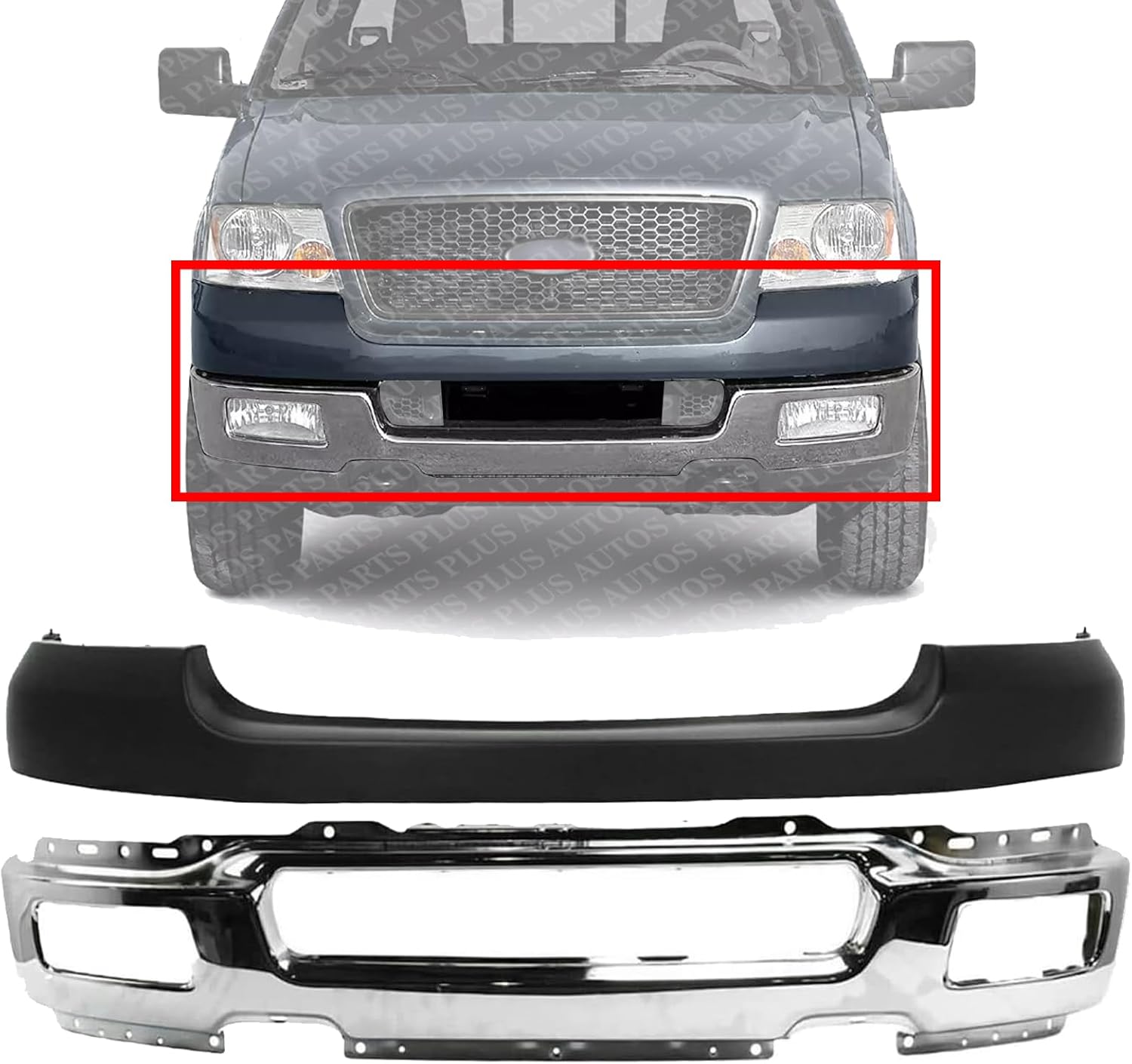 Front Bumper Face Bar Chrome Steel + Upper Cover Primed Direct Replacement Compatible With 2004-2006 Ford F-150 FO1000561 FO1002390 4L3Z17D957DA 4L3Z17757BA