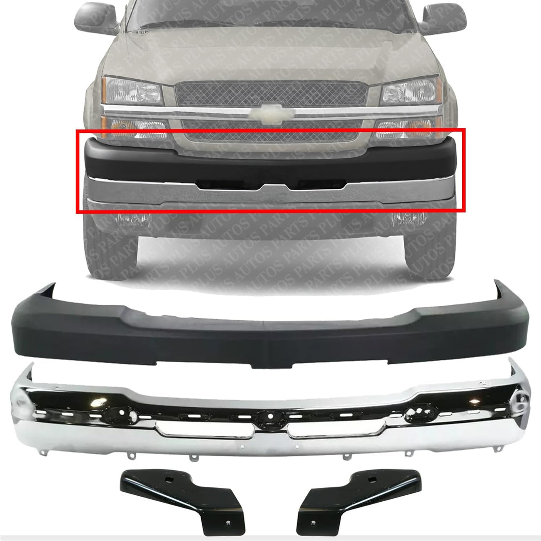Front Bumper Chrome + Upper Cover Textured + Outer Brackets Left Driver & Right Passenger Side Direct Replacement Compatible With 2003-2006 Chevrolet Silverado 1500 2500HD 3500