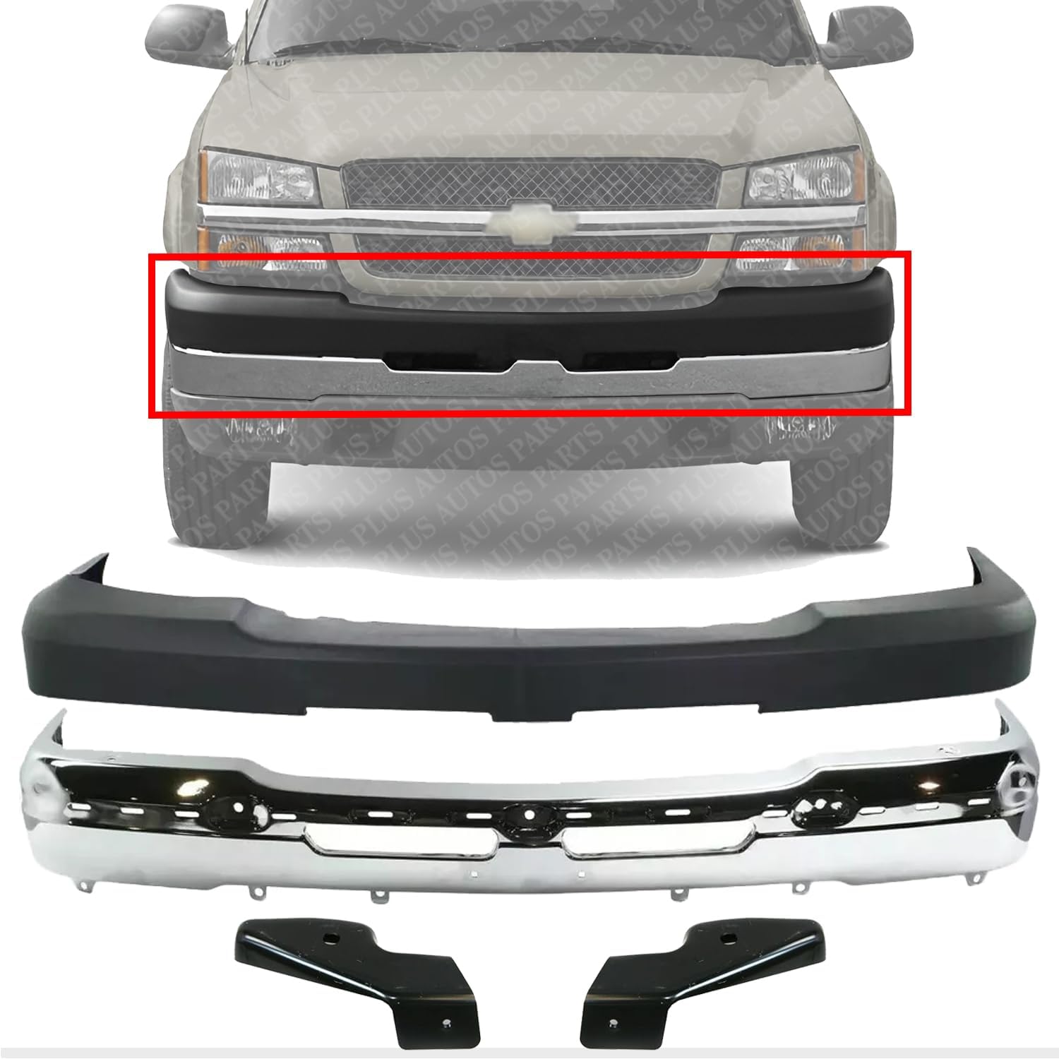 Front Bumper Chrome + Upper Cover Textured + Outer Brackets Left Driver & Right Passenger Side Direct Replacement Compatible With 2003-2006 Chevrolet Silverado 1500 2500HD 3500