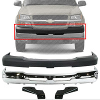 Front Bumper Chrome + Upper Cover Textured + Outer Brackets Left Driver & Right Passenger Side Direct Replacement Compatible With 2003-2006 Chevrolet Silverado 1500 2500HD 3500