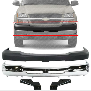 Front Bumper Chrome + Upper Cover Textured + Outer Brackets Left Driver & Right Passenger Side Direct Replacement Compatible With 2003-2006 Chevrolet Silverado 1500 2500HD 3500