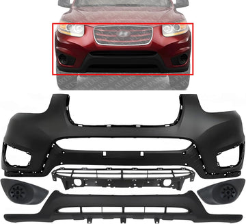 Front Bumper Cover Primed Plastic + Lower Valance + Grille Textured + Fog Light Cover Left Driver & Right Passenger Side Direct Replacement Compatible With 2010-2012 Hyundai Santa Fe