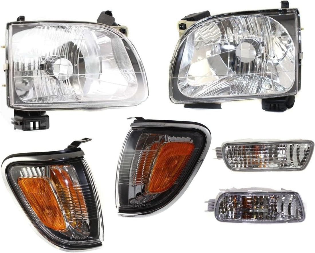 Front Headlights + Signal Lights + Corners Lamps With Chrome Trim Assembly Left Driver & Right Passenger Side Direct Replacement Compatible With 2001-2004 Toyota Tacoma TO2502136