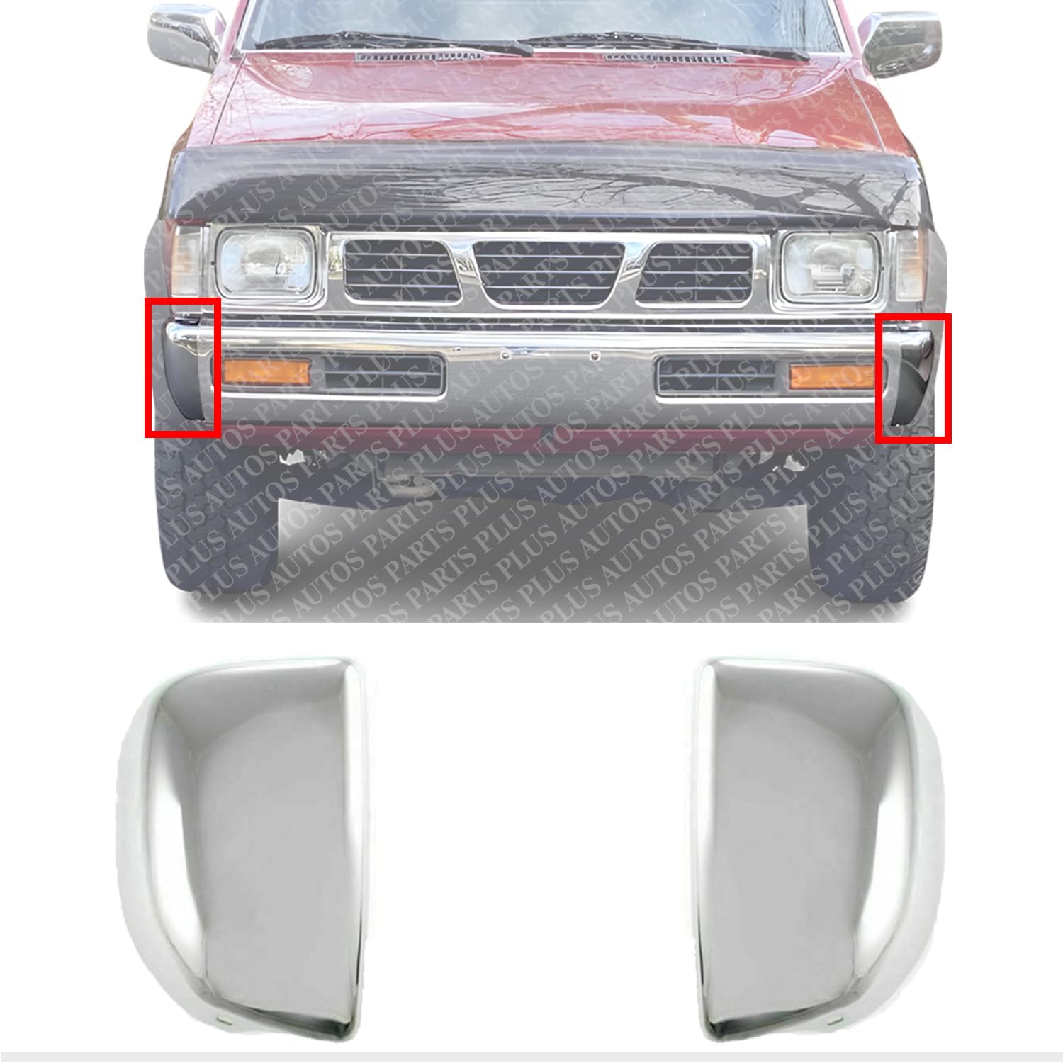 Front Bumper End Caps Chrome Steel Left Driver & Right Passenger Side Direct Replacement Compatible With 1993-1996 Nissan Pickup NI1005134 NI1004133 6201655G00 6201755G00