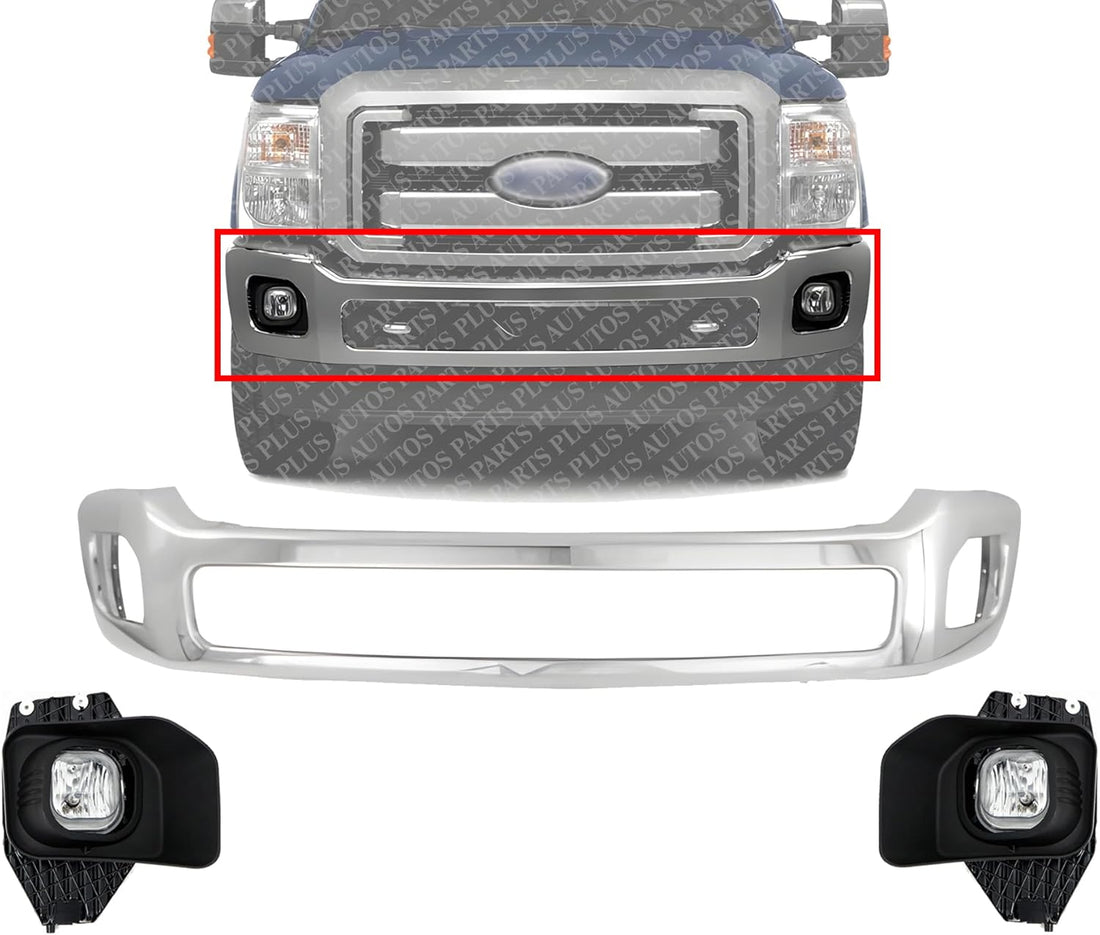 AUTOS PARTS PLUS Front Bumper Chrome Steel + Fog Lights Assembly Left Driver & Right Passenger Side Direct Replacement Compatible With 2011-2016 Ford F-Series Super Duty FO1002416 FO2593230 FO2592230
