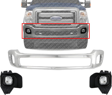AUTOS PARTS PLUS Front Bumper Chrome Steel + Fog Lights Assembly Left Driver & Right Passenger Side Direct Replacement Compatible With 2011-2016 Ford F-Series Super Duty FO1002416 FO2593230 FO2592230