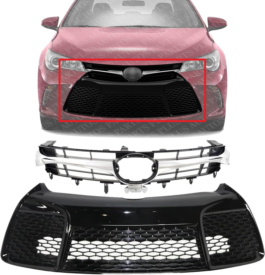 Front Upper + Lower Grille Direct Replacement Compatible With 2015-2017 Toyota Camry TO1036156 TO1200377 TO1200387 5311206280 5310106411 5310106441