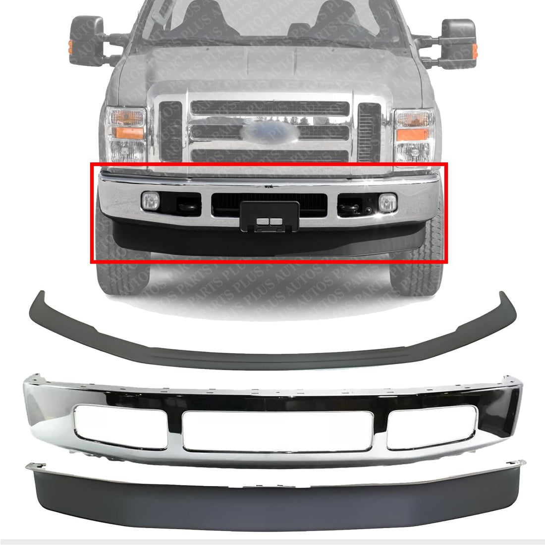 Front Bumper Chrome Steel + Molding + Lower Valance Spoiler Textured Direct Replacement Compatible With 2008-2010 Ford F-250 / F-350 Super Duty FO1002406 FO1093116 FO1044103