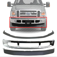 Front Bumper Chrome Steel + Molding + Lower Valance Spoiler Textured Direct Replacement Compatible With 2008-2010 Ford F-250 / F-350 Super Duty FO1002406 FO1093116 FO1044103
