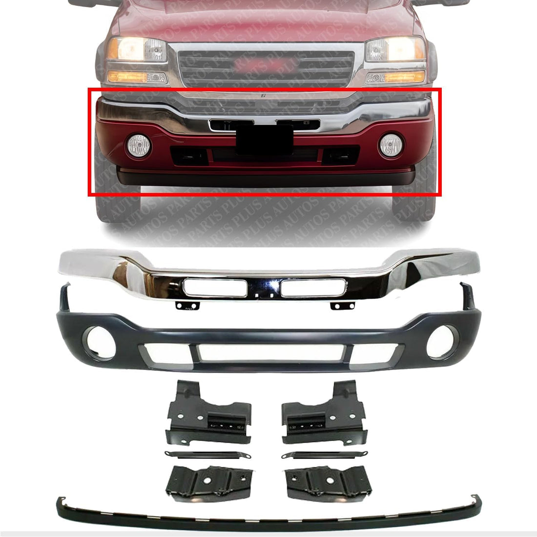AUTOS PARTS PLUS Front Bumper Chrome With Brackets + Lower Valance Primed With Fog Light Holes + Extension Textured Direct Replacement Compatible With GMC Sierra 1500 2500HD 3500 2003-2006