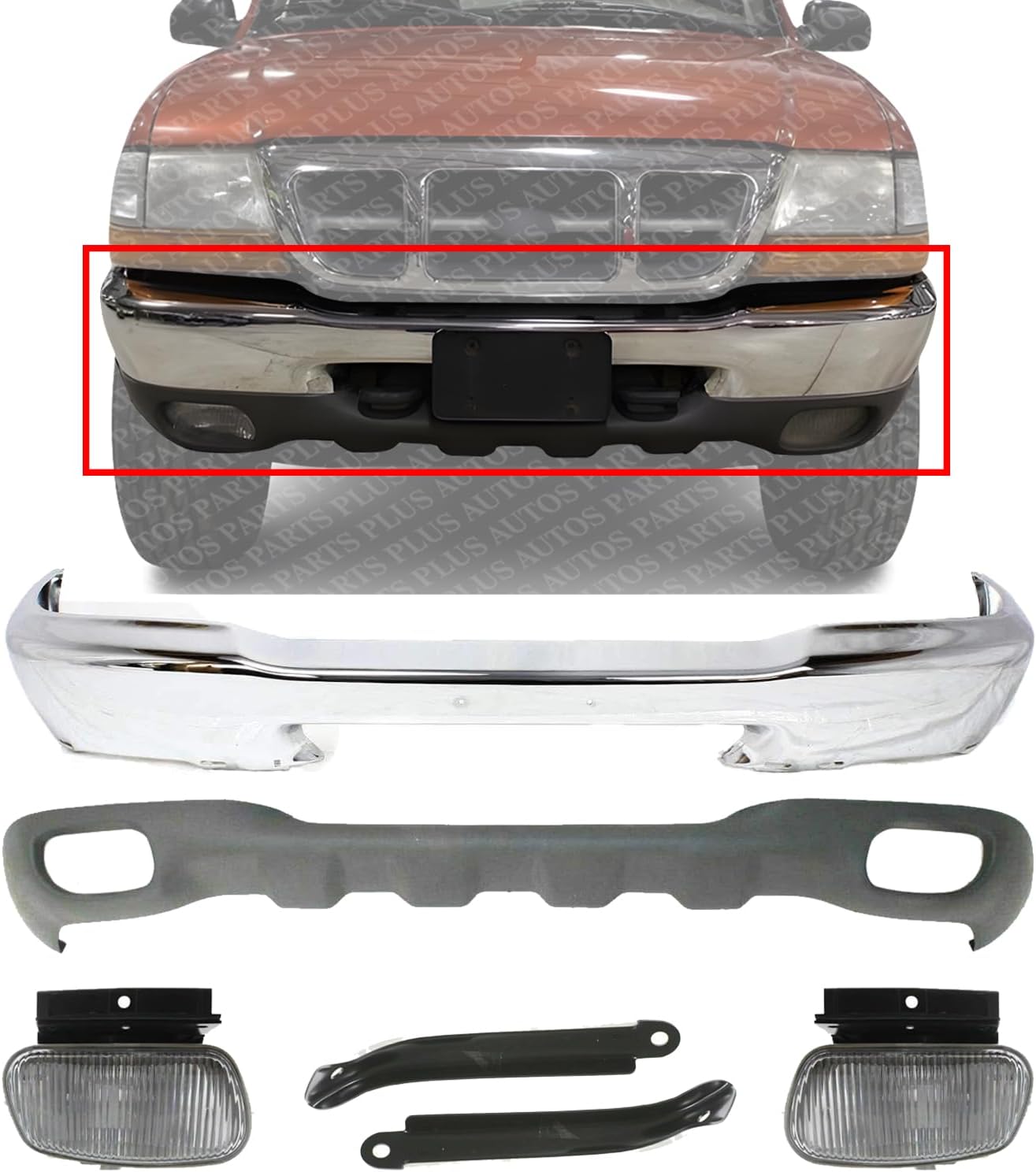 Front Bumper Chrome + Lower Valance Textured + Fog Lights + Brackets Right Passenger & Left Driver Side Direct Replacement Compatible With 1999-2000 Ford Ranger FO1002361 FO1095172