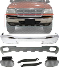 Front Bumper Chrome + Lower Valance Textured + Fog Lights + Brackets Right Passenger & Left Driver Side Direct Replacement Compatible With 1999-2000 Ford Ranger FO1002361 FO1095172