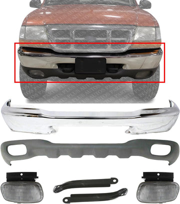 Front Bumper Chrome + Lower Valance Textured + Fog Lights + Brackets Right Passenger & Left Driver Side Direct Replacement Compatible With 1999-2000 Ford Ranger FO1002361 FO1095172