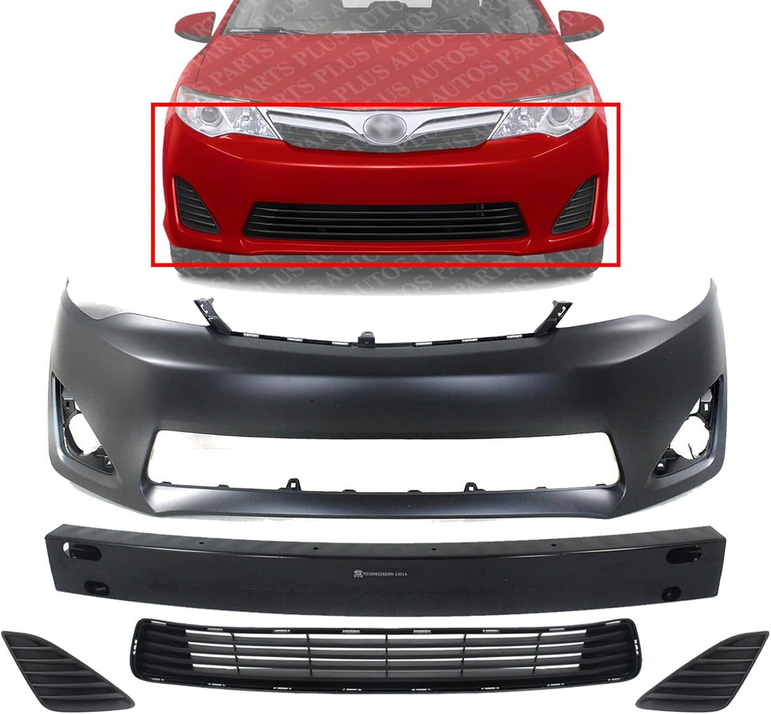 Front Bumper Cover Primed + Lower Grille + Reinforcement Steel + Fog Light Cover Textured Left & Right Side Direct Replacement Compatible With 2012-2014 Toyota Camry TO1000378