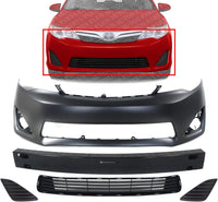 Front Bumper Cover Primed + Lower Grille + Reinforcement Steel + Fog Light Cover Textured Left & Right Side Direct Replacement Compatible With 2012-2014 Toyota Camry TO1000378