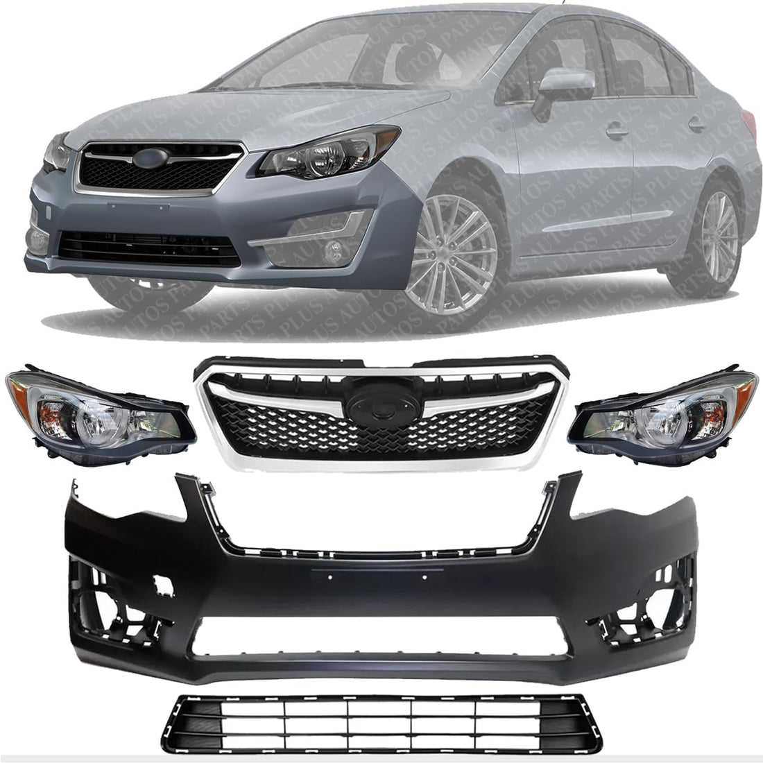 Front Bumper Cover Primed + Lower & Upper Grilles Textured Shell & Insert with Chrome Moldings+ Headlights Left & Right Side Direct Replacement Compatible with 2015-16 Subaru Impreza