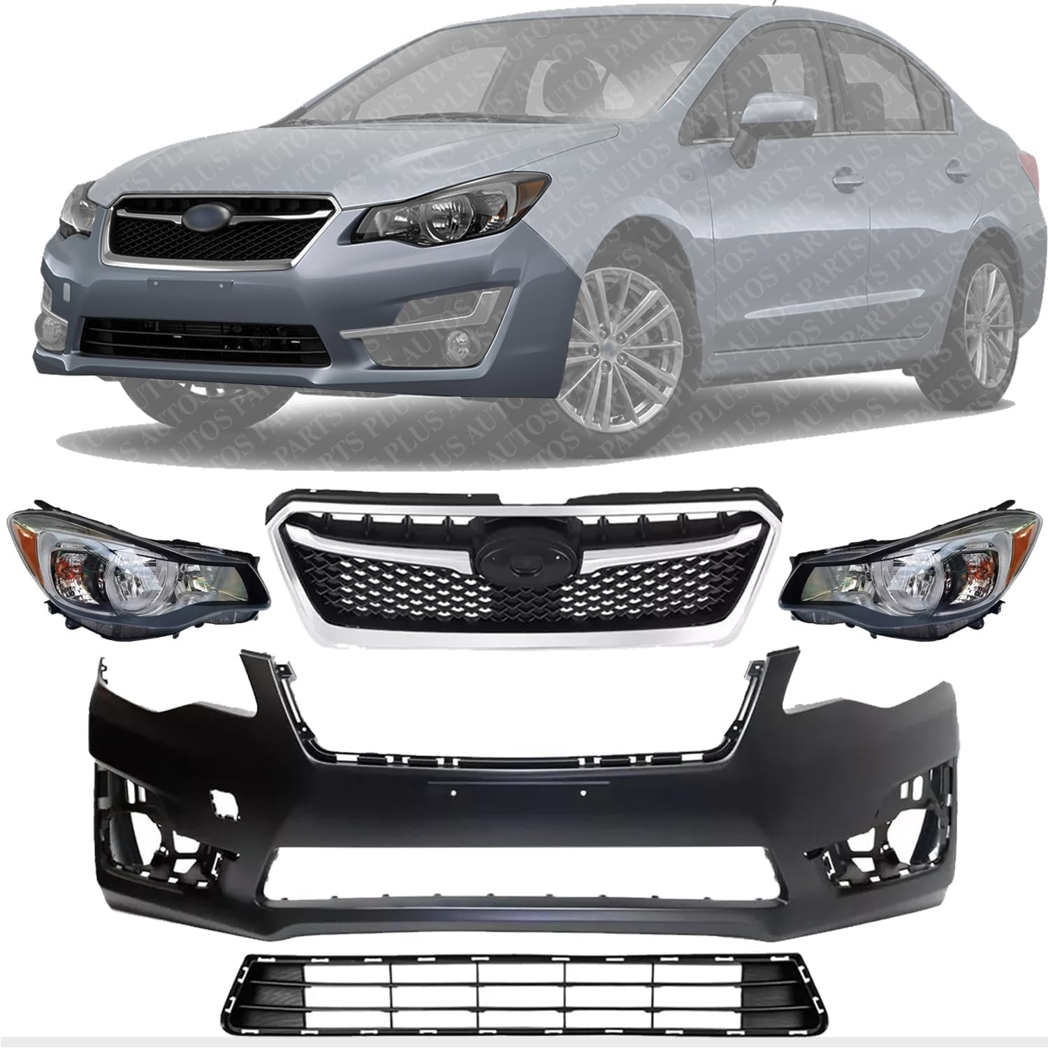 Front Bumper Cover Primed + Lower & Upper Grilles Textured Shell & Insert with Chrome Moldings+ Headlights Left & Right Side Direct Replacement Compatible with 2015-16 Subaru Impreza