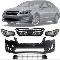 Front Bumper Cover Primed + Lower & Upper Grilles Textured Shell & Insert with Chrome Moldings+ Headlights Left & Right Side Direct Replacement Compatible with 2015-16 Subaru Impreza