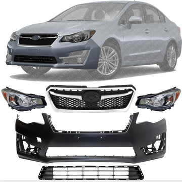Front Bumper Cover Primed + Lower & Upper Grilles Textured Shell & Insert with Chrome Moldings+ Headlights Left & Right Side Direct Replacement Compatible with 2015-16 Subaru Impreza