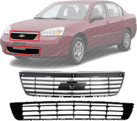 Front Bumper Upper & Lower Grille Primed Shell And Insert Plastic Direct Replacement Compatible With 2006-2008 Chevrolet Malibu GM1200537 GM1200558 15266333 15266336