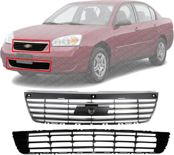 Front Bumper Upper & Lower Grille Primed Shell And Insert Plastic Direct Replacement Compatible With 2006-2008 Chevrolet Malibu GM1200537 GM1200558 15266333 15266336