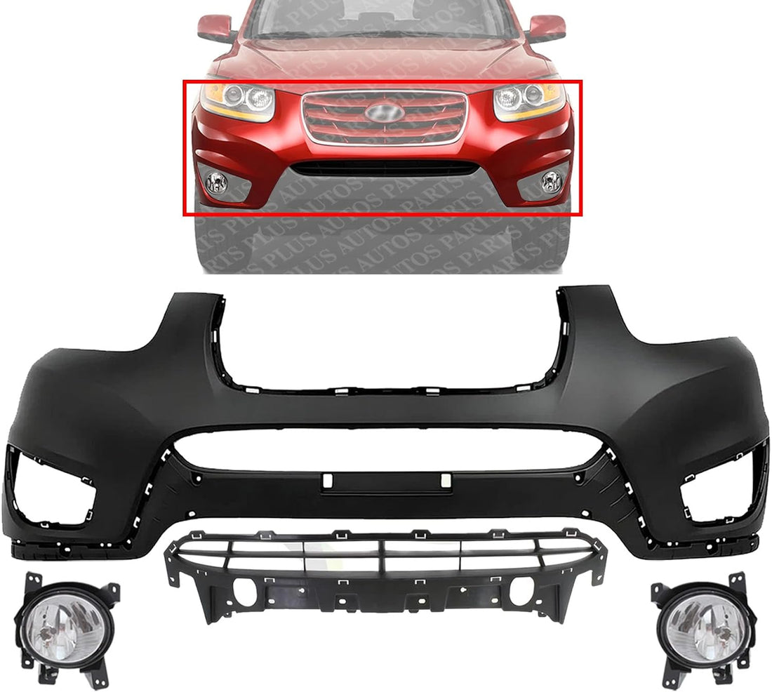 Front Bumper Cover Primed Plastic + Lower Grille + Fog Lights Left Driver & Right Passenger Side Direct Replacement Compatible with 2010-2012 Hyundai Santa Fe