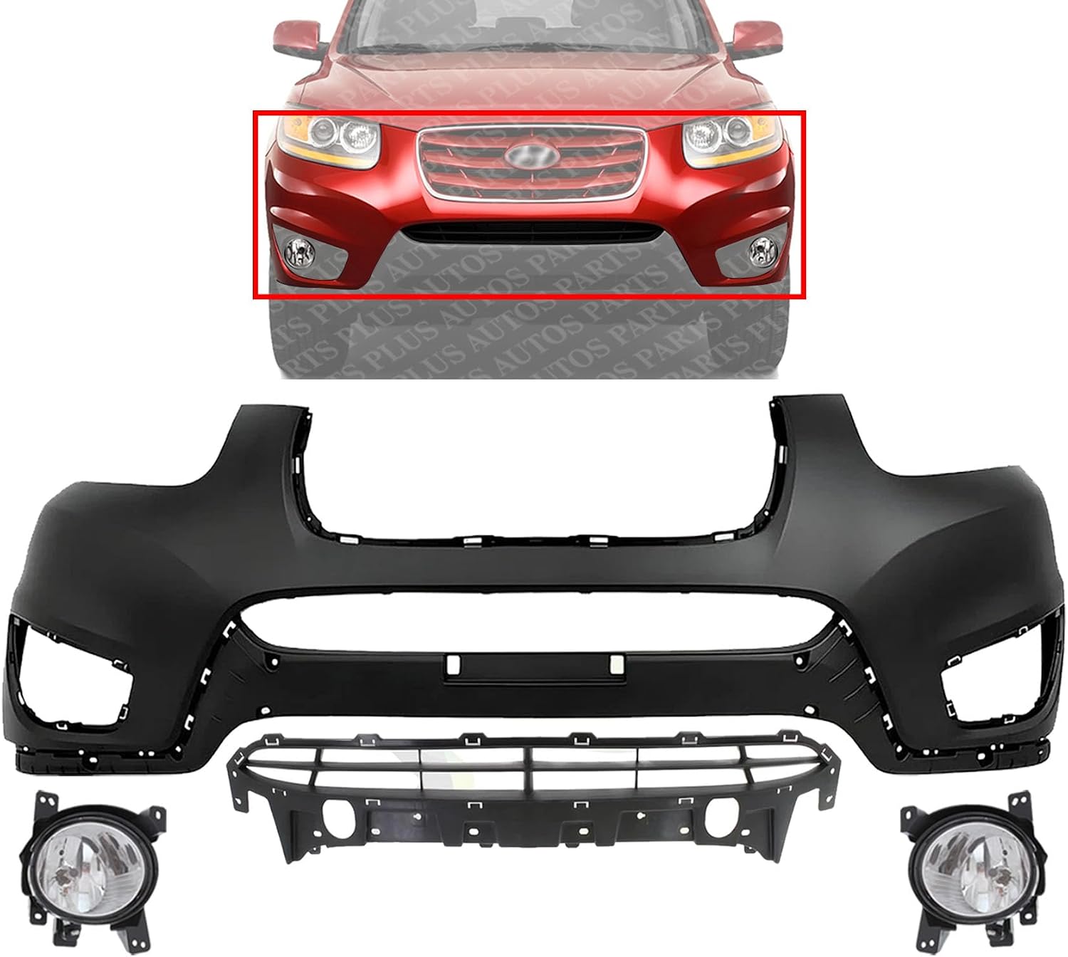 Front Bumper Cover Primed Plastic + Lower Grille + Fog Lights Left Driver & Right Passenger Side Direct Replacement Compatible with 2010-2012 Hyundai Santa Fe