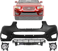 Front Bumper Cover Primed Plastic + Lower Grille + Fog Lights Left Driver & Right Passenger Side Direct Replacement Compatible with 2010-2012 Hyundai Santa Fe