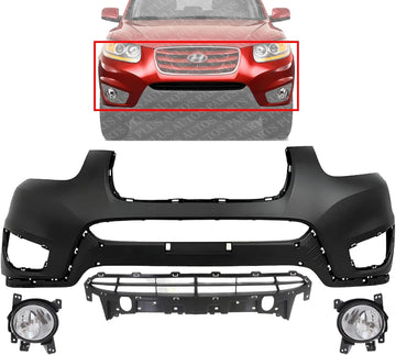 Front Bumper Cover Primed Plastic + Lower Grille + Fog Lights Left Driver & Right Passenger Side Direct Replacement Compatible with 2010-2012 Hyundai Santa Fe