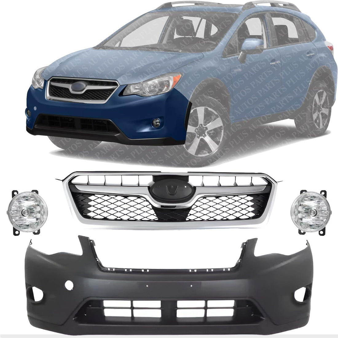 Front Bumper Cover Primed + Grille with Chrome Trims + Fog Lamps Left Driver and Right Passenger Side Direct Replacement Compatible with 2013-2015 Subaru XV Crosstrek